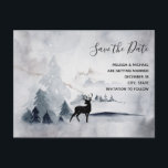 Winter Reindeer Rustic Grått Bröllop spara datum Inbjudan Vykort<br><div class="desc">Spara datumet för vintervykortet för bröllop med en vattenfärgsbild med en svart silhuettrenar som står bland vissa gräs träd. Grått Black and white neutralt färg.</div>