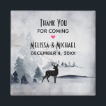 Winter Reindeer Rustic Grått Watercolor Bröllop Magnet<br><div class="desc">En magnet med en vattenfärgsbild med en svart silhuettrenar som står mellan vissa gräs träd. Grått Black and white neutralt färg.</div>