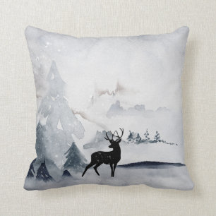 Winter Reindeer Rustic Grått Watercolor Kudde