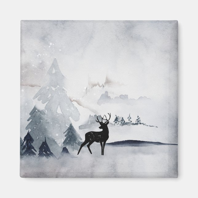 Winter Reindeer Rustic Grått Watercolor Magnet (Framsidan)