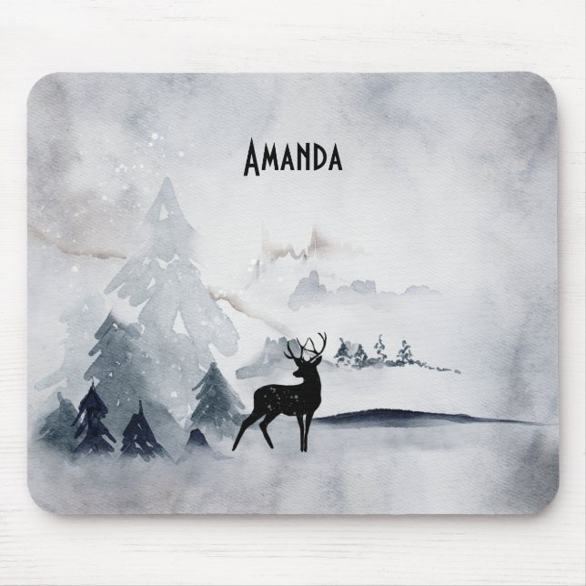 Winter Reindeer Rustic Grått Watercolor Musmatta (Framsidan)