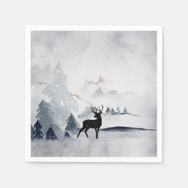 Winter Reindeer Rustic Grått Watercolor Pappersservett (Framsidan)