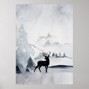 Winter Reindeer Rustic Grått Watercolor Poster