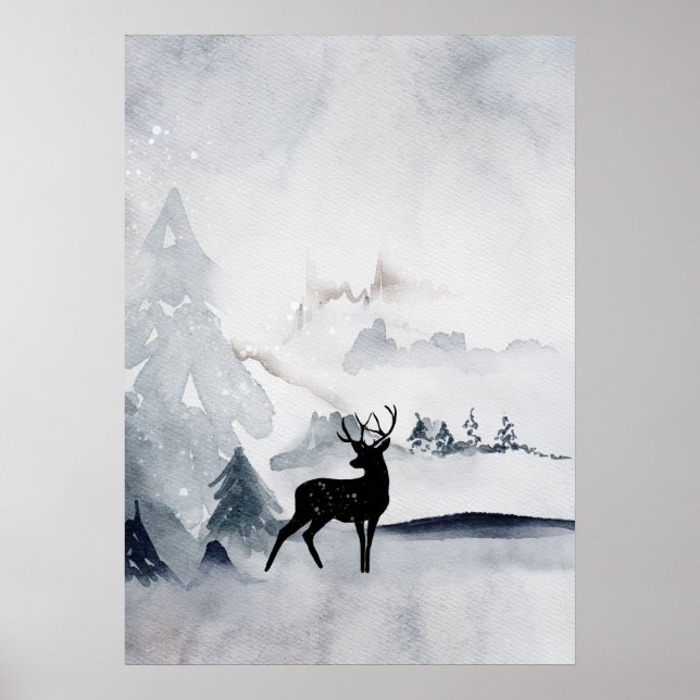 Winter Reindeer Rustic Grått Watercolor Poster (Framsidan)