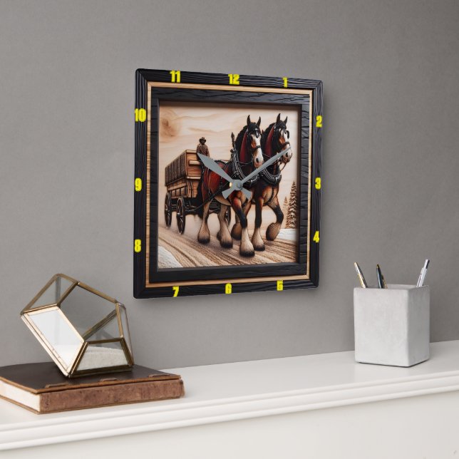 Winter Ride Bespoke Charred Wood Clydesdale Fyrkantig Klocka (Kontor)