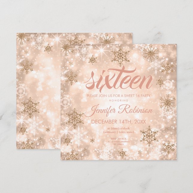 Winter Ro Guld Sweet 16 Glitter Gnistra Inbjudningar (Fram/baksida)
