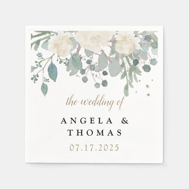 Winter Ro White Guld Blommigt Bröllop Pappersservett (Framsidan)