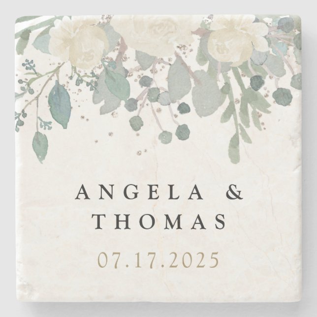 Winter Ro White Guld Blommigt Bröllop Stenunderlägg (Framsidan)