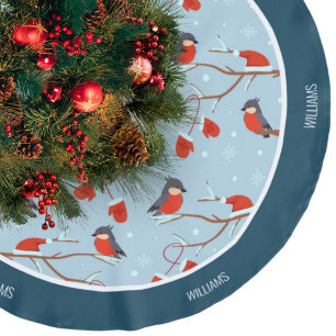 Winter Robins på Träd Cute Bird Blue Julgransmatta Borstad Polyester