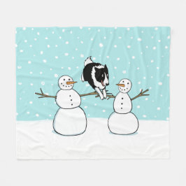 Winter Roligt Gräns Collie Hund med Snögubbar Helg Fleecefilt