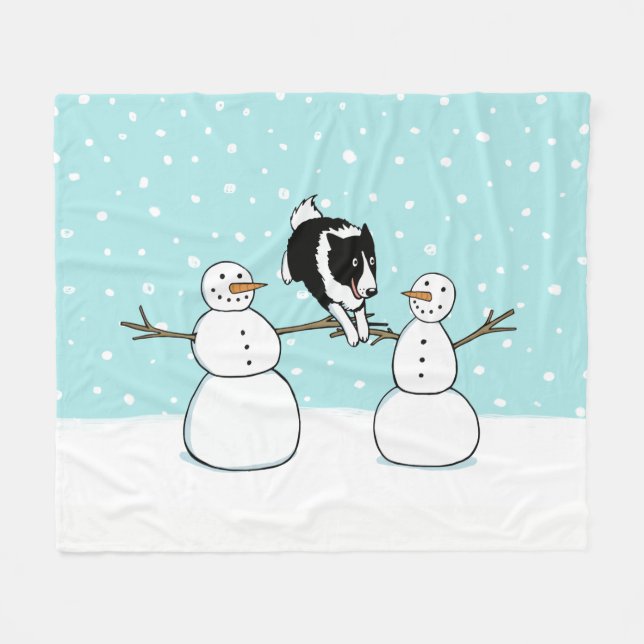 Winter Roligt Gräns Collie Hund med Snögubbar Helg Fleecefilt (Framsidan (Horisontell))