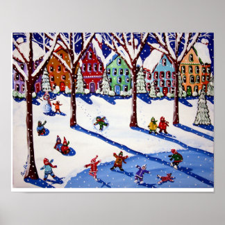 Winter Roligt Ice Skate Sled Ride Folk Art Skriv u Poster