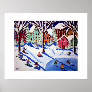 Winter Roligt Kids Folk Art Sled Snowboard Ice Ska Poster