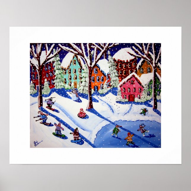 Winter Roligt Kids Folk Art Sled Snowboard Ice Ska Poster (Framsidan)