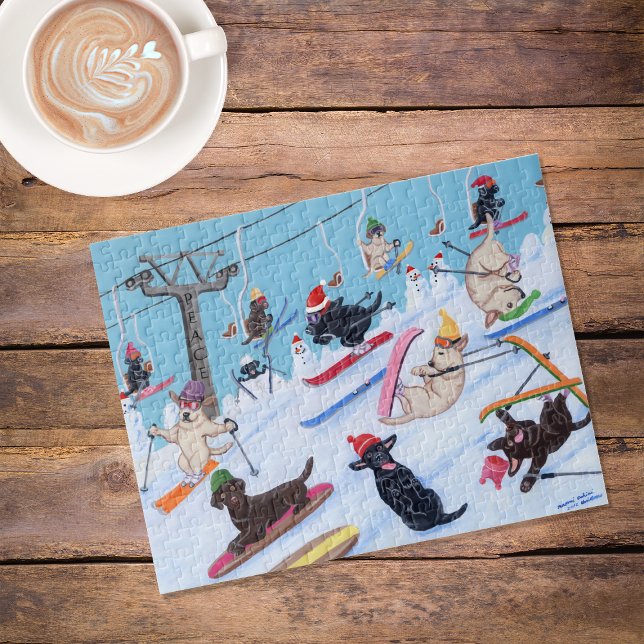 Winter Roligt Skiing jul Labradors Pussel (Winter Fun Skiing Christmas Labradors Jigsaw Puzzle featuring Labs in action.  Christmas style.)