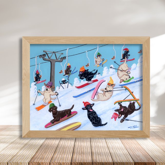 Winter Roligt Skiing Labradors Artwork Poster (Winter Fun Skiing Labradors Poster for Labrador Owners.  Delightful and whimsical Labrador Artwork.)