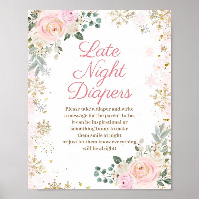 Winter Rosa Blommigt Snöflake Late Nattes Poster (Framsidan)