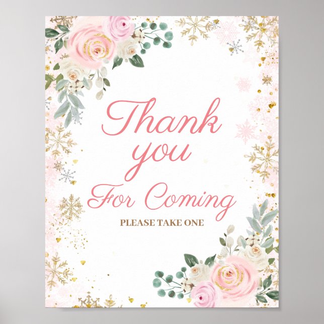 Winter Rosa Blommigt Snowflake Tack för att du kom Poster (Framsidan)