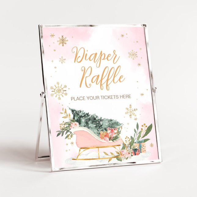 Winter Rosa Guld Snowflake Diaper Raffle Poster (Pink Sleigh Baby Shower Diaper Raffle Sign)