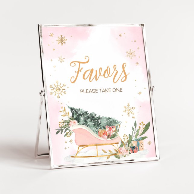 Winter Rosa Guld Snowflake Favors Poster (Winter Pink Gold Snowflake Baby Shower Favors Sign)