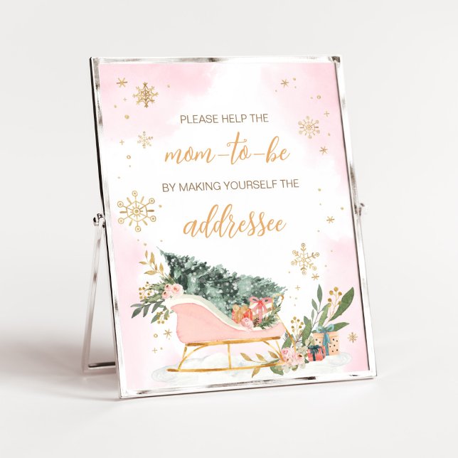 Winter Rosa Guld Snowflake Kuvert Station Poster (Pink Sleigh Baby Shower Envelope Station Sign)