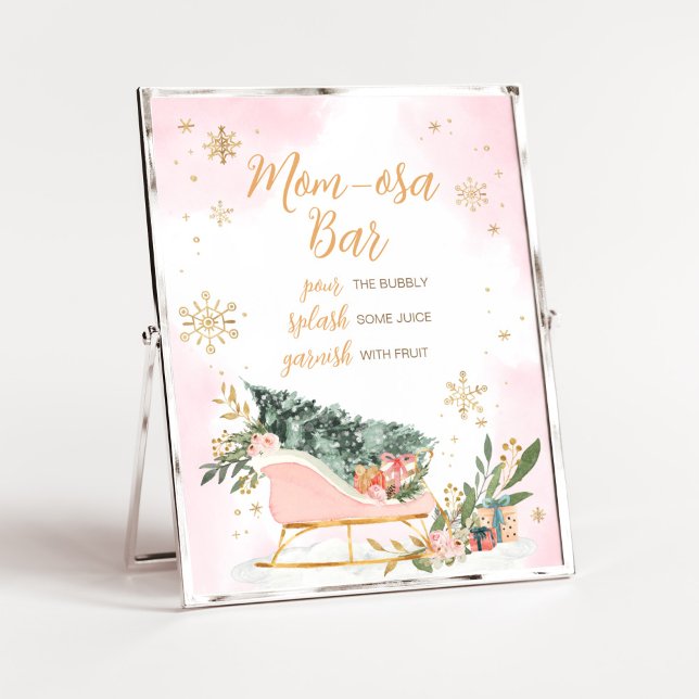 Winter Rosa Guld Snowflake Mamma Osa Pub Poster (Pink Sleigh Baby Shower Mom Osa Bar Sign)