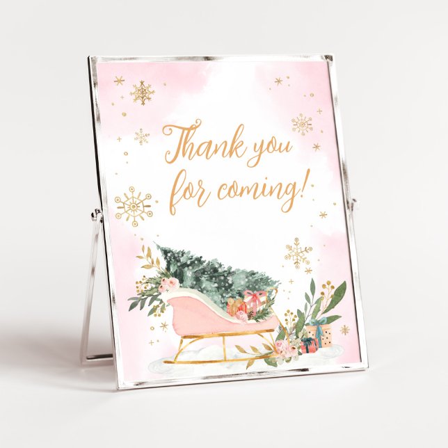 Winter Rosa Guld Snowflake Tack för kommande Poster (Pink Sleigh Baby Shower Thank You for Coming Sign)