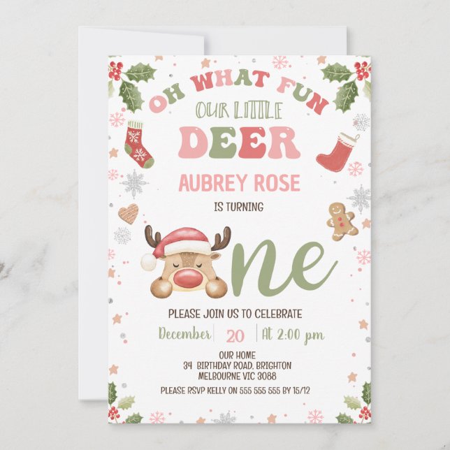 Winter Rosa Oh What Roligt Reindeer 1st Birthday Inbjudningar (Framsida)