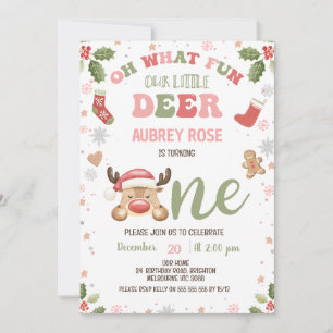 Winter Rosa Oh What Roligt Reindeer 1st Birthday Inbjudningar