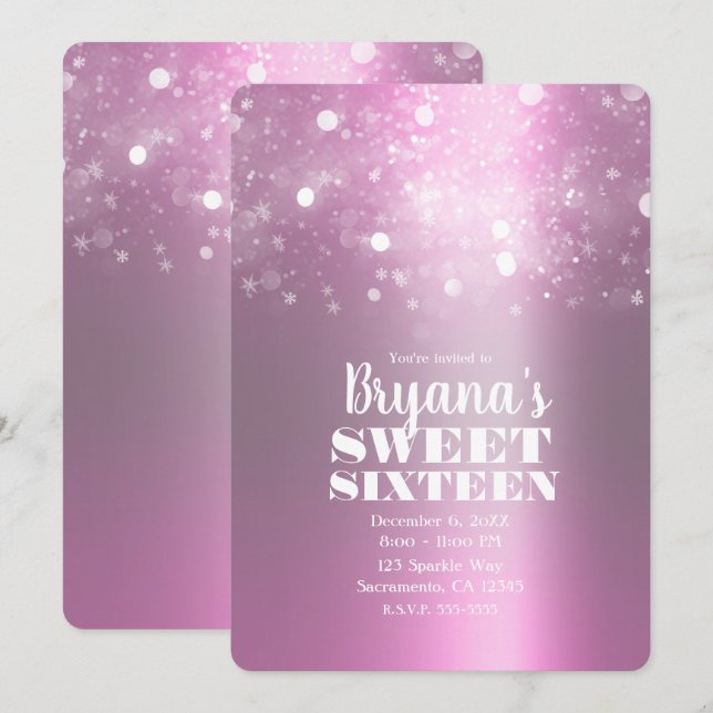 Winter Rosa Silver Sparkling Ljus Sweet 16 Party Inbjudningar (Fram/baksida)