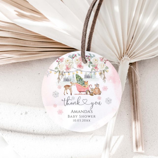 Winter Rosa Woodland Animals Girl Baby Shower Gåvor Etiketter (Skapare uppladdad)
