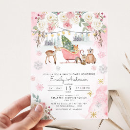 Winter Rosa Woodland Animals Girl Baby Shower Inbjudningar