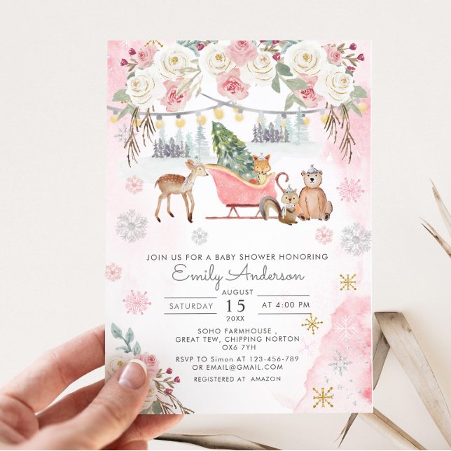 Winter Rosa Woodland Animals Girl Baby Shower Inbjudningar (Skapare uppladdad)