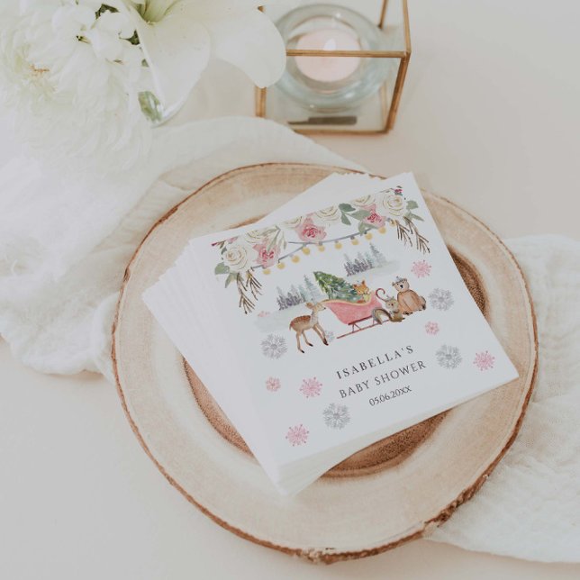 Winter Rosa Woodland Animals Girl Baby Shower Pappersservett (Skapare uppladdad)