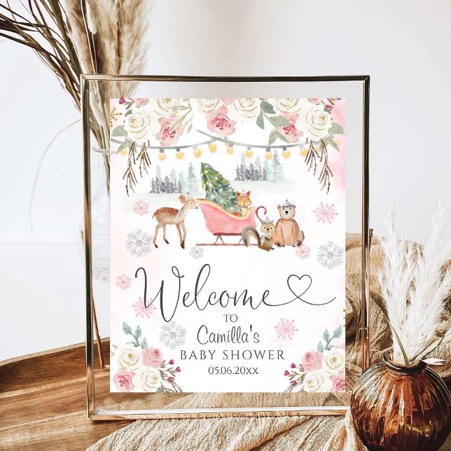 Winter Rosa Woodland Animals Girl Baby Shower Poster (Skapare uppladdad)