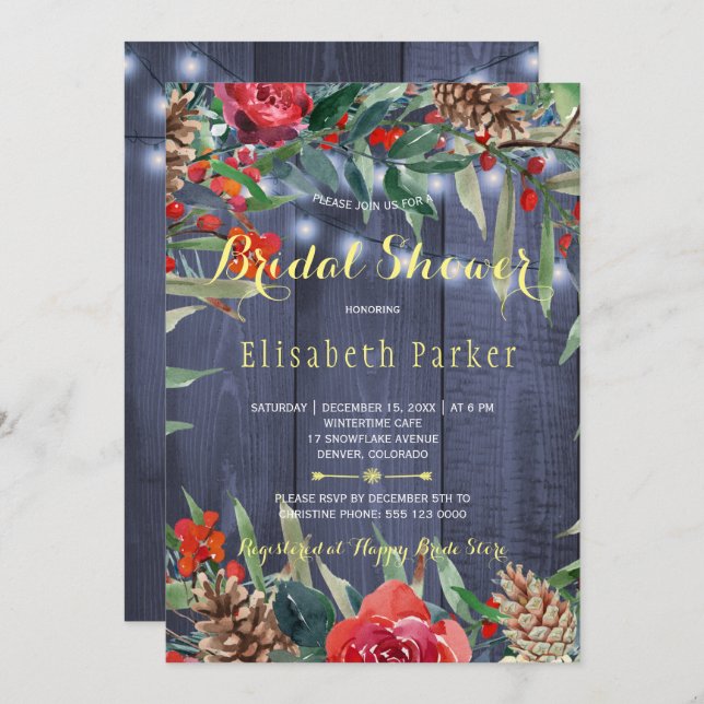 Winter Rustic Blommigt Möhippa | Navy Wood Inbjudningar (Fram/baksida)