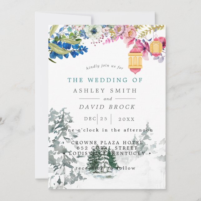 Winter Rustic Gräs Träd Botaniskt Lantern Bröllop Inbjudningar (Framsida)