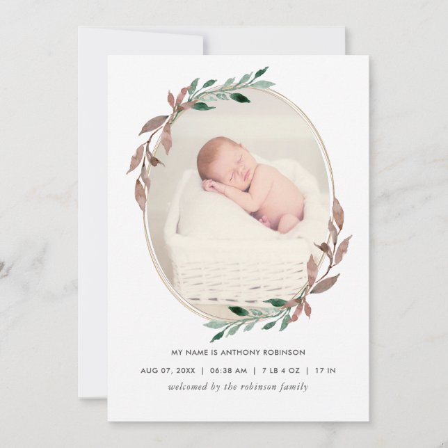 Winter Rustic Greenery Birth-annons Card Meddelande (Framsida)