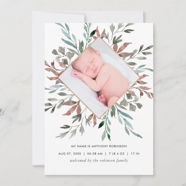 Winter Rustic Greenery Birth-annons Card Meddelande (Framsida)