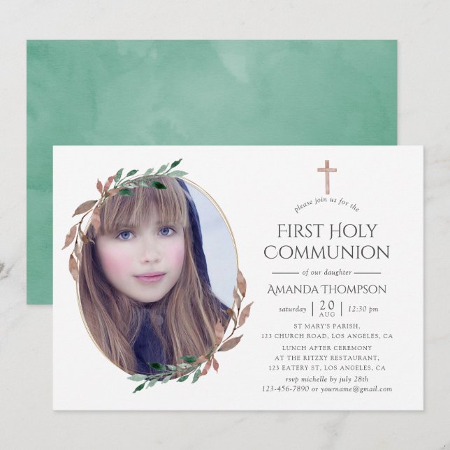 Winter Rustic Greenery First Heliga Communion Inbjudningar (Fram/baksida)