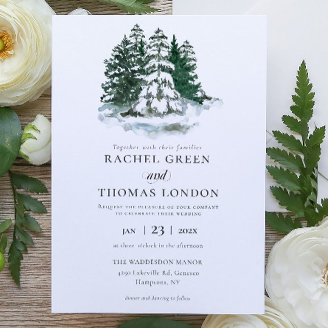 Winter Rustic Watercolor Grönt Gräs träd bröllop Inbjudningar (Winter Rustic Watercolor Green Pine trees wedding Invitation)