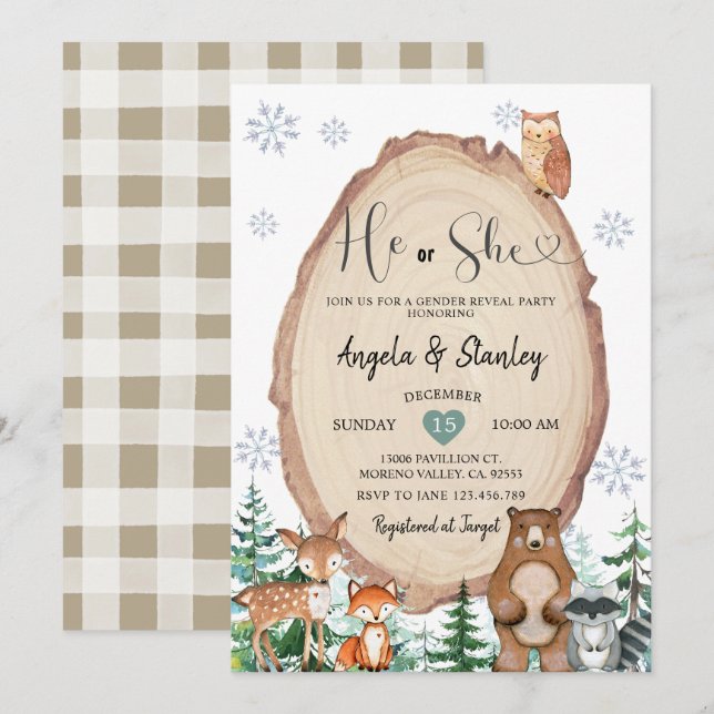 Winter Rustic Woodland Han eller hon Gender Reveal Inbjudningar (Fram/baksida)