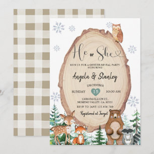 Winter Rustic Woodland Han eller hon Gender Reveal Inbjudningar