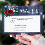 Winter rustig marinburgundy blommigt bröllop OSA kort<br><div class="desc">Rustic elegant burgundy och vit peony ro bröllopsinbjudan OSA kort på en mörk,  marin blå lingerbakgrund med strängar av ljus.         Matchningsstationär i svit.</div>