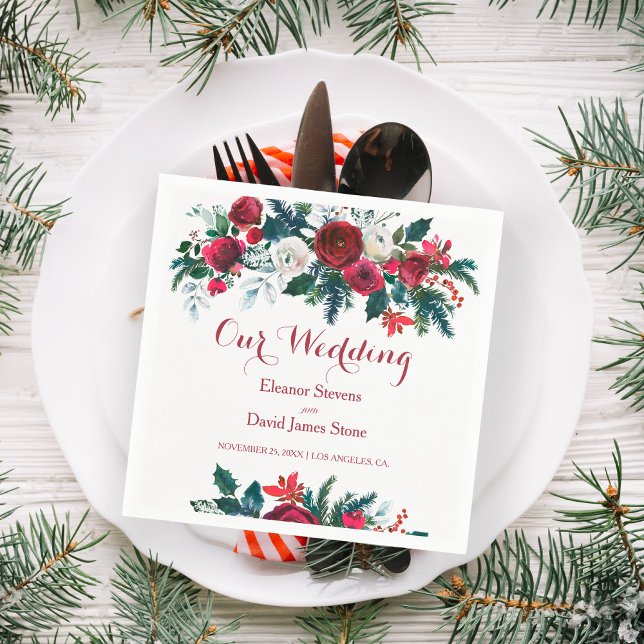 Winter rustik burgundy gräs grönt blommigt bröllop pappersservett (Skapare uppladdad)