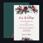 Winter rustik burgundy grönt blommigt bröllop inbjudningar<br><div class="desc">Blommigt bukett av rött burgundi och ro med gräs grönt fir grenar och lövbröllopsmapp med monogrammerad bröllopsmapp med finare modern contemporary utbytbar text.                      eleganten Vintern blommigt Juldag bröllop.</div>