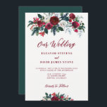 Winter rustik burgundy grönt blommigt bröllop inbjudningar<br><div class="desc">Blommigt bukett av rött burgundi och ro med gräs grönt fir grenar och lövbröllopsmapp med monogrammerad bröllopsmapp med finare modern contemporary utbytbar text.                      eleganten Vintern blommigt Juldag bröllop.</div>