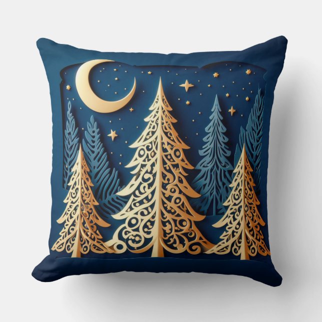 Winter’s Gold Papercut – Christmas Trees Scene Kudde (Framsida)