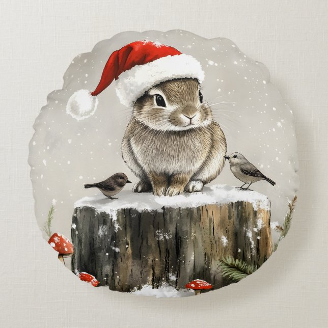 Winter Santa Bunny Wonderland Rund Kudde (Framsidan)