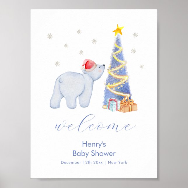 Winter Santa Polar Bear Baby Shower Welcome  Poster (Framsidan)